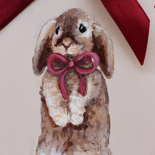 Scallop heirloom painting - Bunny with red ribbon