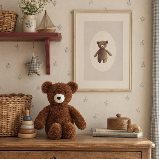 A cozy nursery or children's room scene with a brown teddy bear sitting on a wooden chest, a framed teddy bear print on the wall, wicker baskets, a shelf with flowers and a sailboat, and soft neutral decor.
