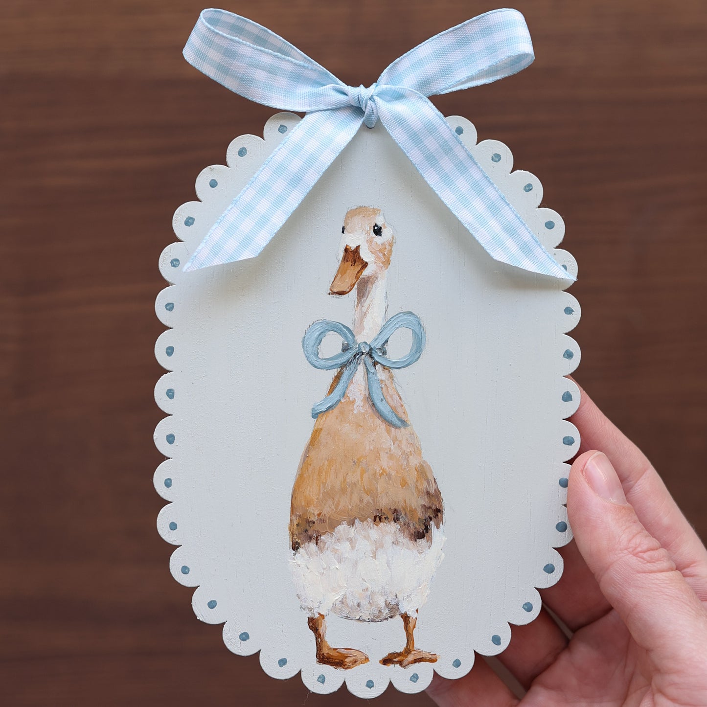 Scallop heirloom painting - Duck with blue bow