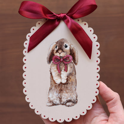 Scallop heirloom painting - Bunny with red ribbon