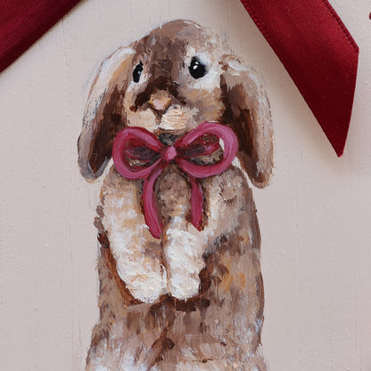 Scallop heirloom painting - Bunny with red ribbon