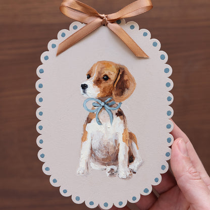 Scallop heirloom painting - Puppy with blue bow