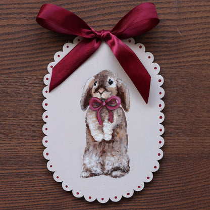 Scallop heirloom painting - Bunny with red ribbon