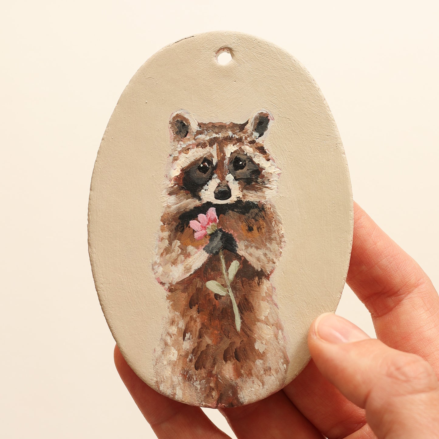 Hand painted ceramic - Racoon with flower