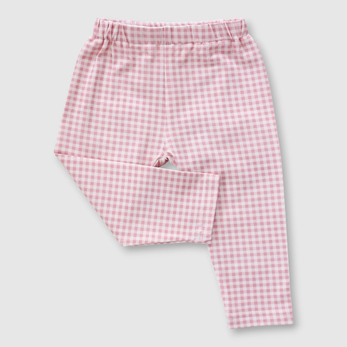 Pink and white gingham checkered toddler leggings with an elastic waistband, shown flat on a light gray background.