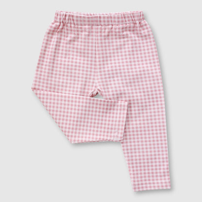 Pink and white gingham checkered toddler leggings with an elastic waistband, shown flat on a light gray background.