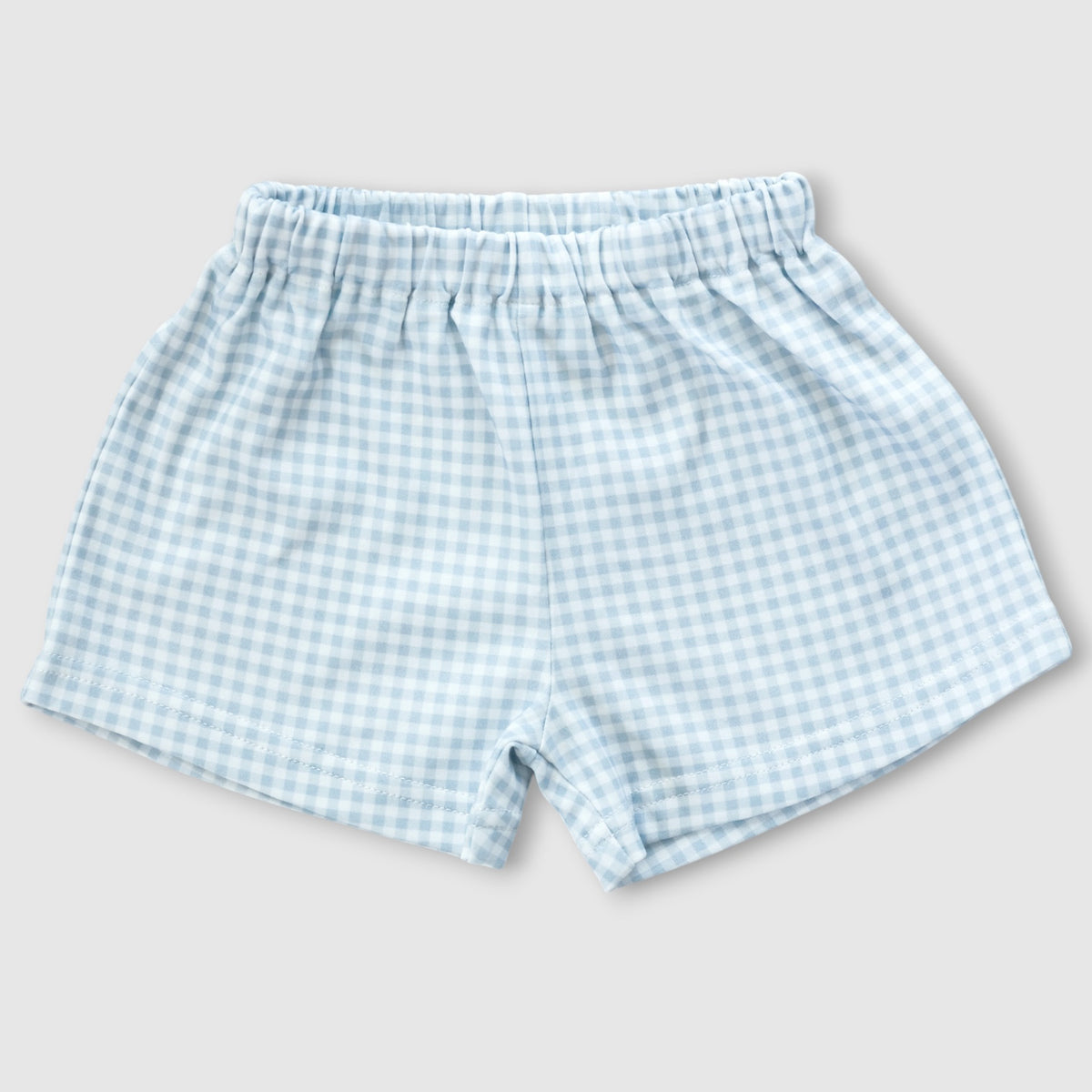 Light blue and white gingham check shorts with an elastic waistband, photographed flat against a light gray background.